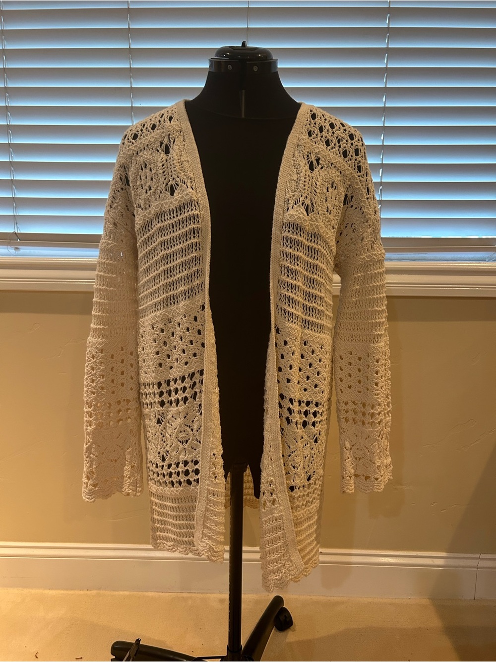 Lucky Brand Cream Crochet Open-Front Cardigan